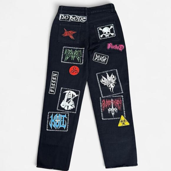 NWOT Dolls Kill Current Mood Black Patched Punk Distressed Hem Baggy Jeans XS - Picture 4 of 7